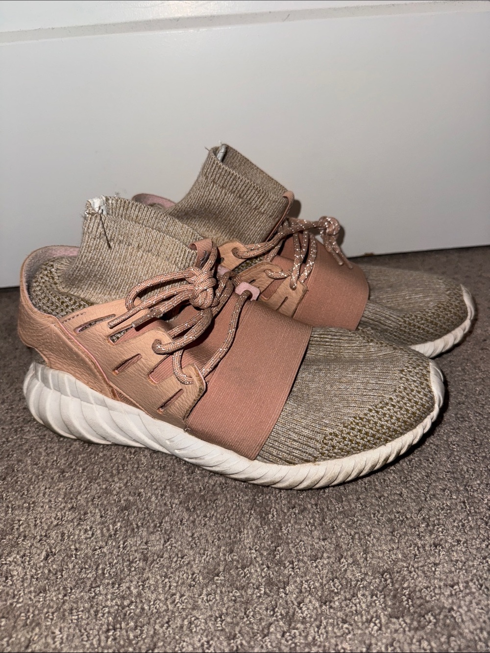 adidas tubular doom Beige Knit High-Top Sneakers with Blush Pink Strap